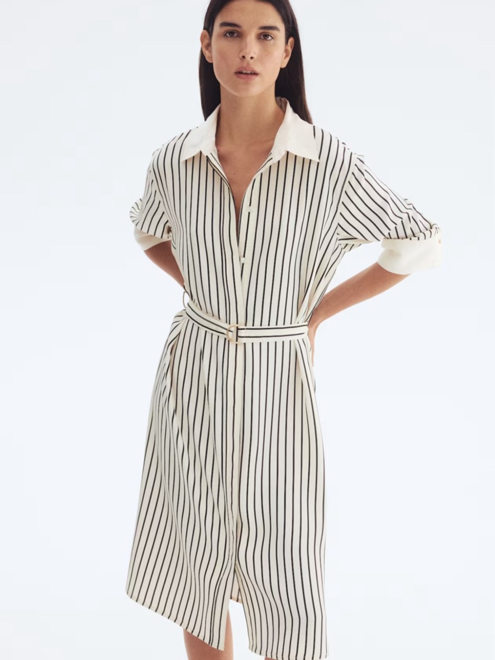 H&M Cream Shirt Midi Dress with Black Stripes